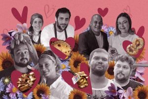 Colagem com fotos de casais, flores e comidas