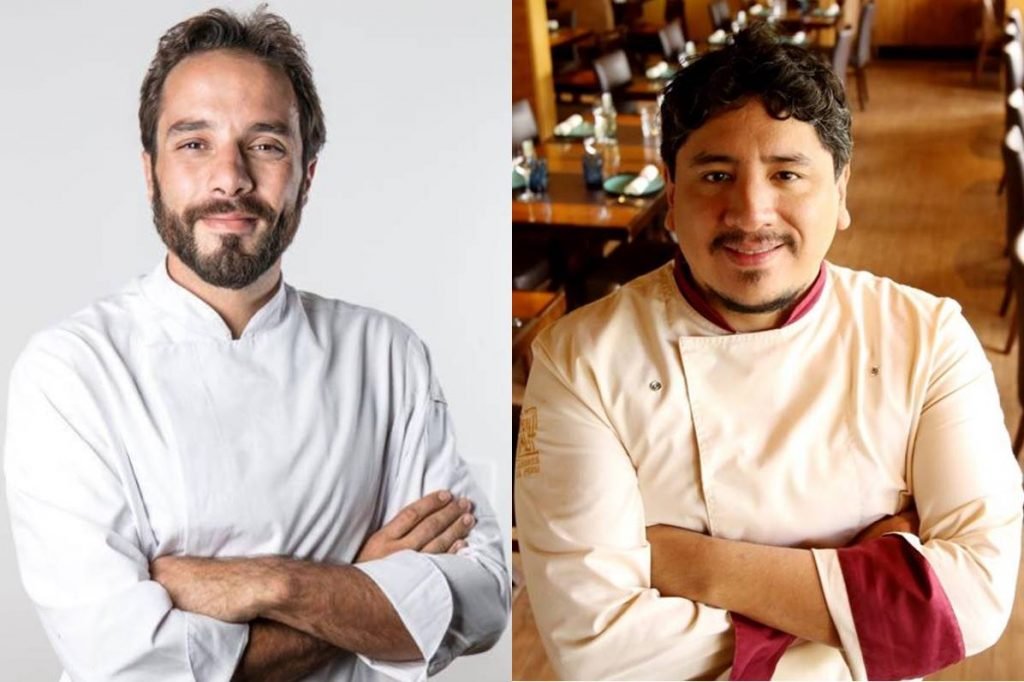 Montagem com duas fotos de chefs de braços cruzados