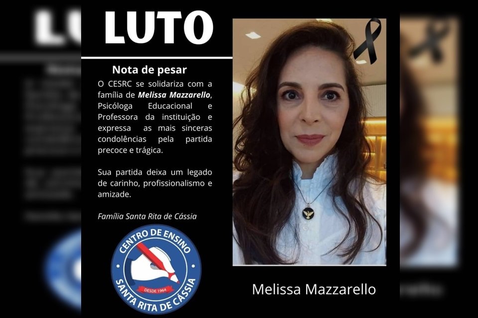 Centro de Ensino Santa Rita de Cássia manifestou suas condolências pela morte da professora Melissa Mazzarello