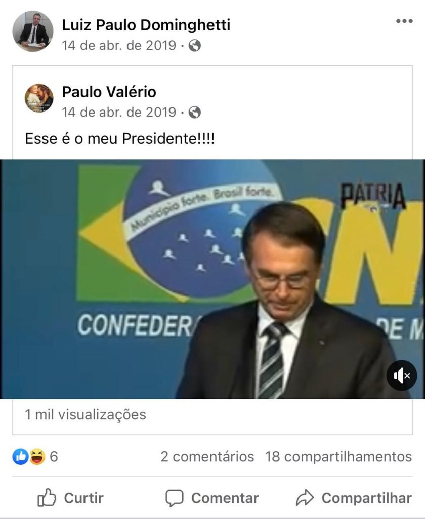 Publicação feita por Luiz Paulo Dominguetti Pereira em uma rede social
