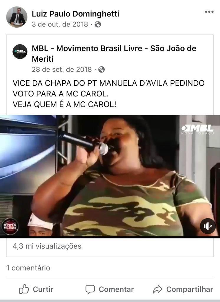 Publicação feita por Luiz Paulo Dominguetti Pereira em uma rede social