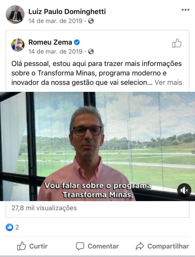 Publicação feita por Luiz Paulo Dominguetti Pereira em uma rede social