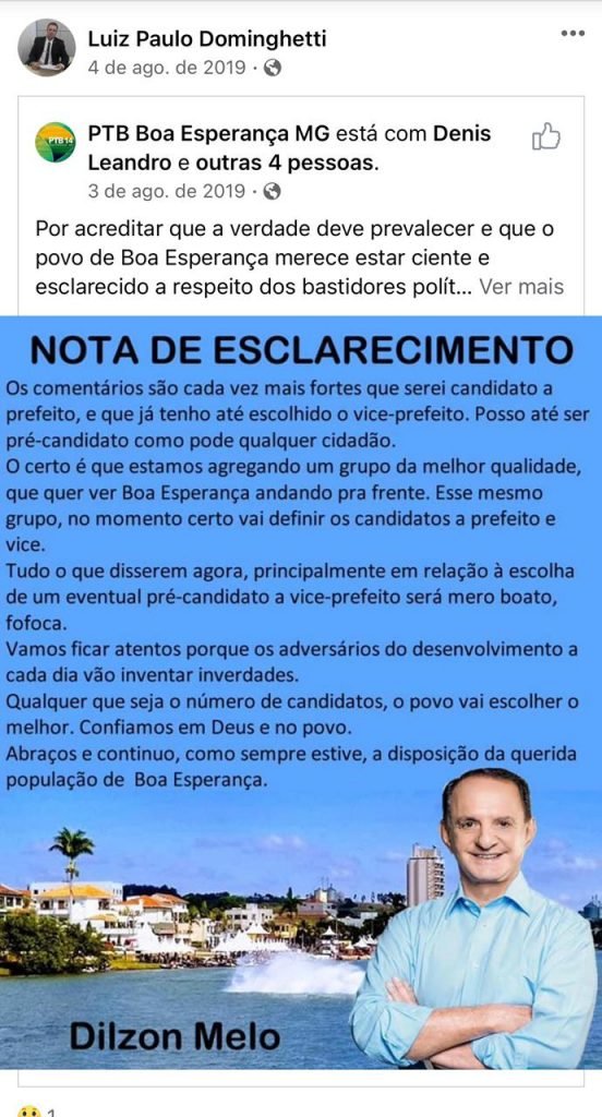 Publicação feita por Luiz Paulo Dominguetti Pereira em uma rede social
