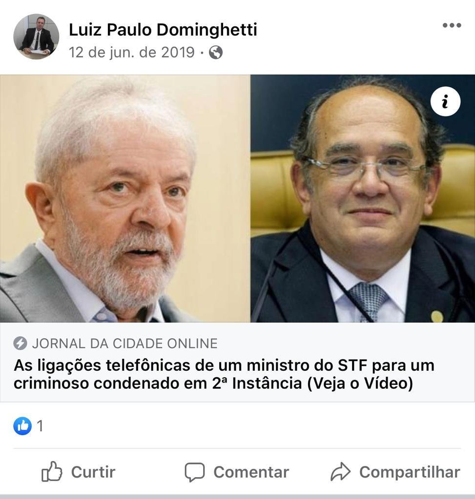 Publicação feita por Luiz Paulo Dominguetti Pereira em uma rede social