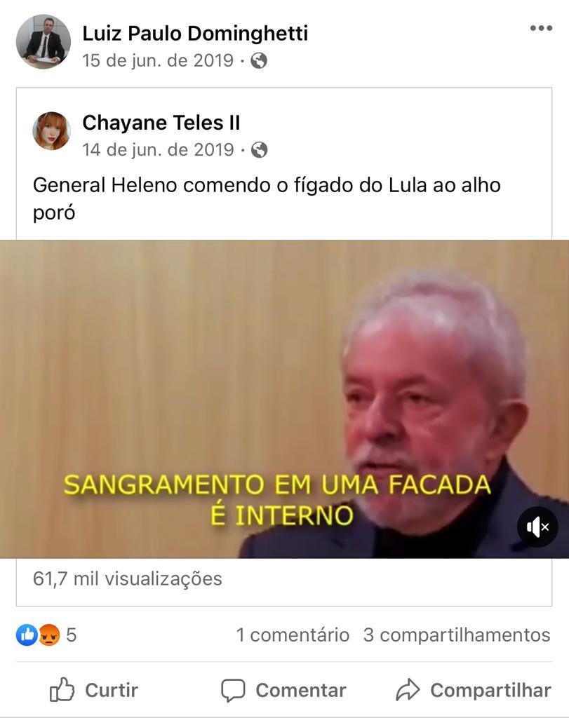 Publicação feita por Luiz Paulo Dominguetti Pereira em uma rede social