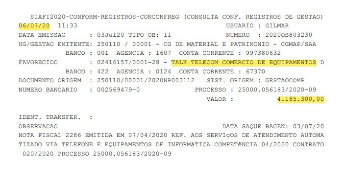 Ordem bancária enviada à empresa Talktelecom, que cobrou adiantamento de R$ 4,1 milhões