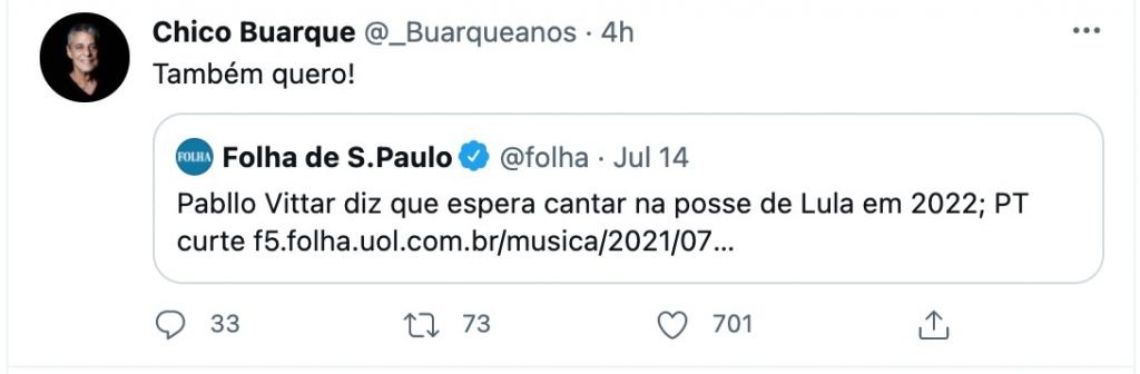 Chico Buarque diz que quer cantar na posse de Lula