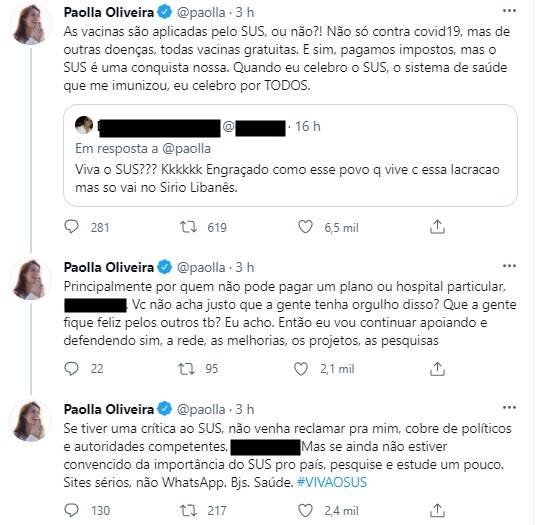Paolla Oliveira rebate internauta ao defender SUS: 'Não venha reclamar pra mim, cobre de políticos' paolla oliveira vacina covid 19 rebate seguidor