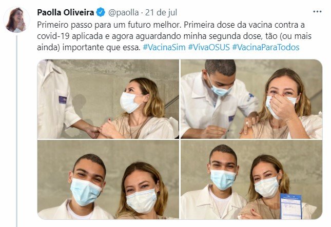 Paolla Oliveira rebate internauta ao defender SUS: 'Não venha reclamar pra mim, cobre de políticos' paolla oliveira vacina covid19 1