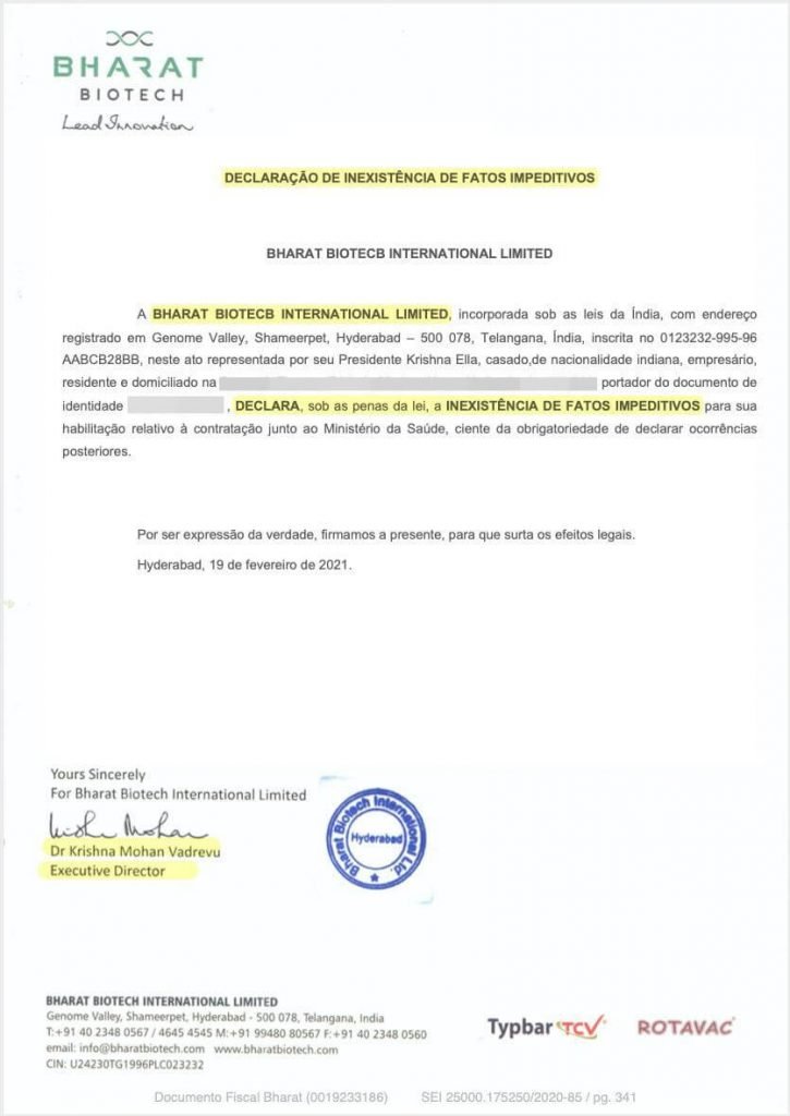 Documento falso atribuído à Bharat Biotech e enviado ao Ministério da Saúde