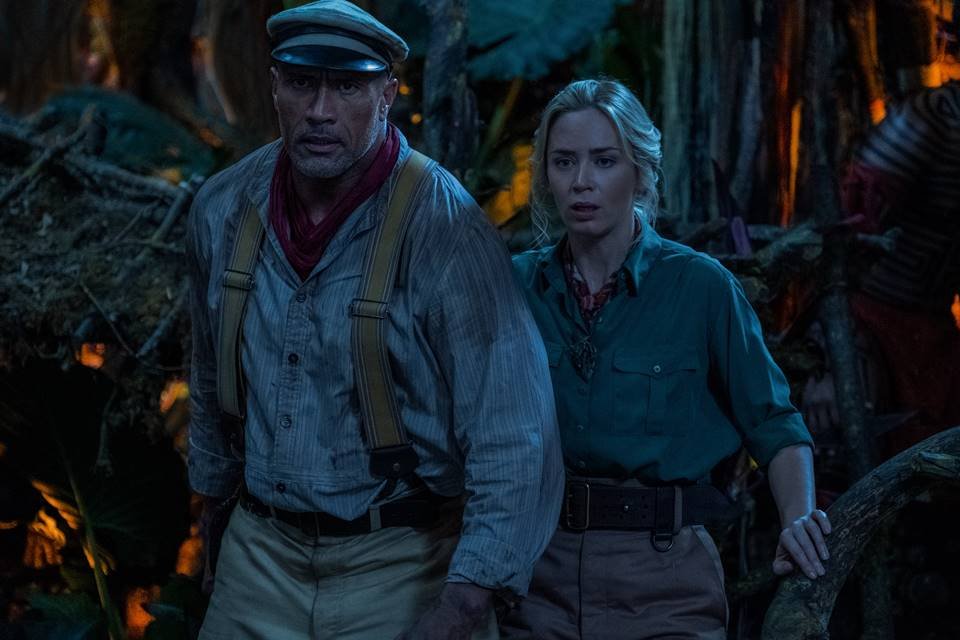 (L-R): Emily Blunt as Lily Houghton, Dwayne Johnson as Frank Wolff and Jack Whitehall as MacGregor Houghton in Disney’s JUNGLE CRUISE. Photo courtesy of Disney. © 2021 Disney Enterprises, Inc. All Rights Reserved.