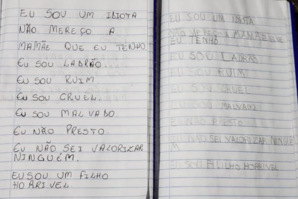 Caderno em que criança de Imbé era forçada a escrever frases ofensivas