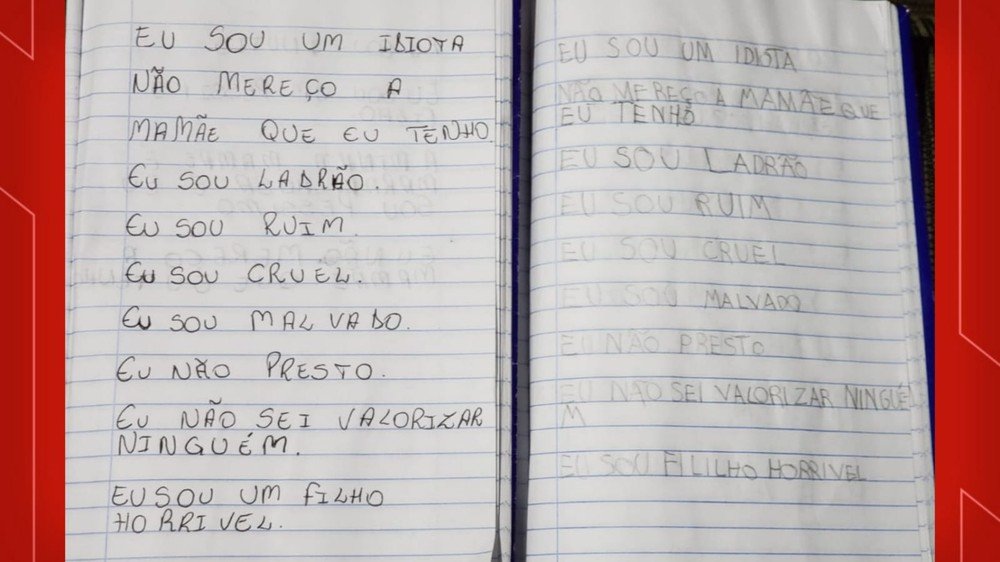 Caderno em que criança de Imbé era forçada a escrever frases ofensivas
