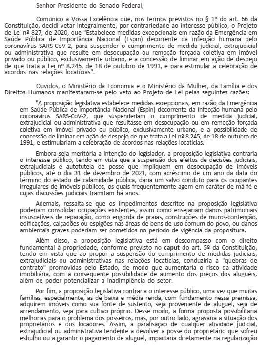 Bolsonaro veta projeto que suspendia despejos durante a pandemia