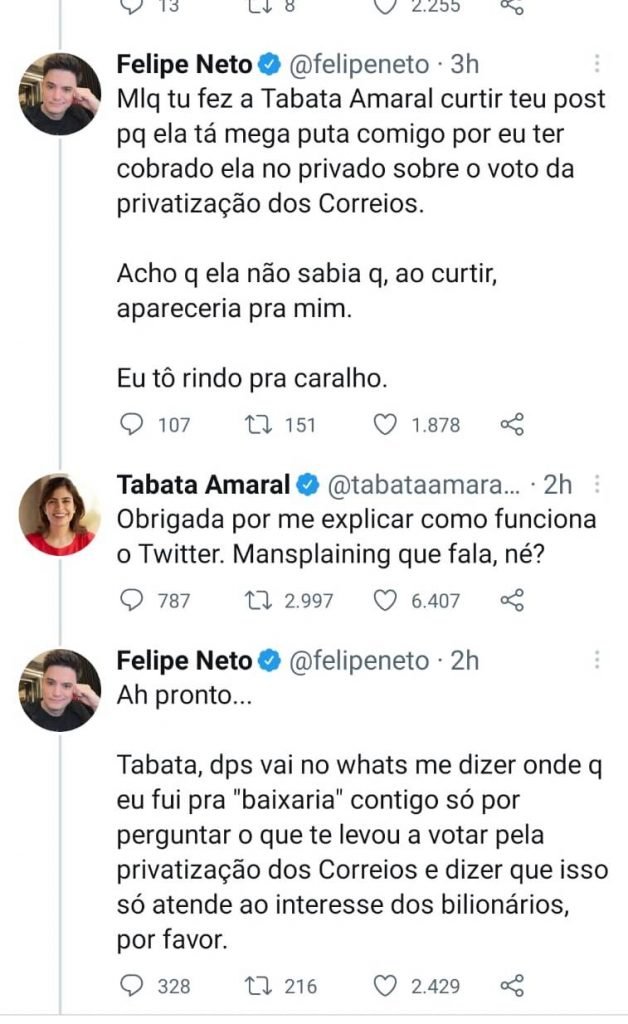 Felipe Neto e Tabata Amaral discutem no Twitter