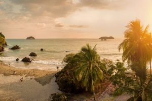paisagem de praia com coqueiros na Costa Rica