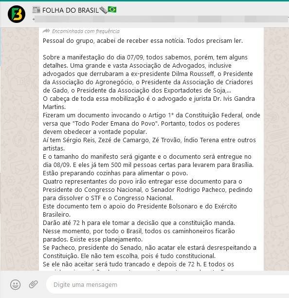 grupo bolsonarista whatsapp convoca para 7/9