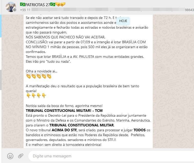grupo bolsonarista whatsapp convoca para 7/9