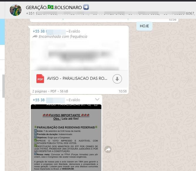 grupo bolsonarista whatsapp convoca para 7/9