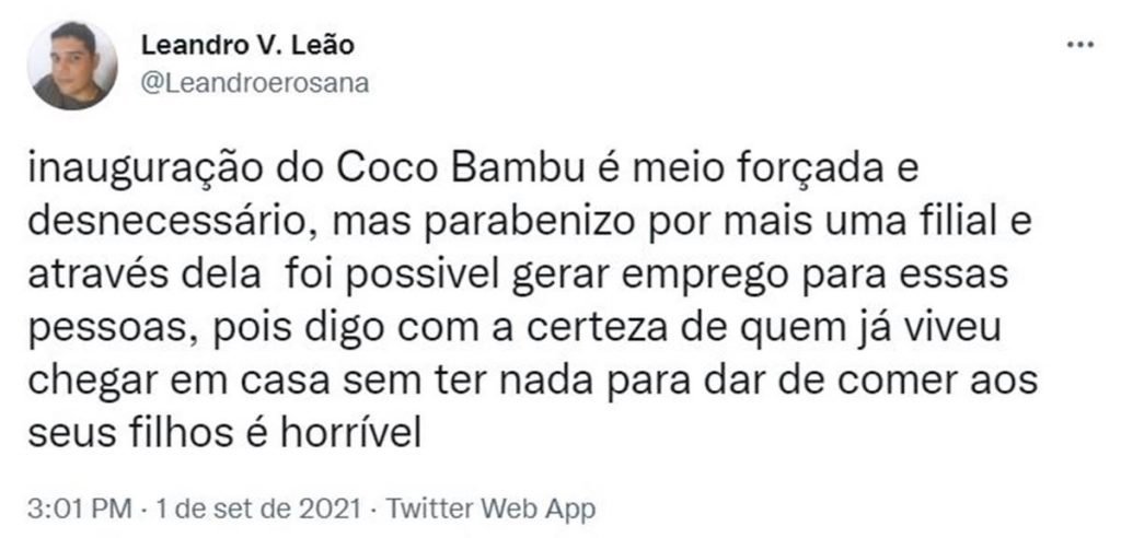 Tuíte sobre Coco Bambu