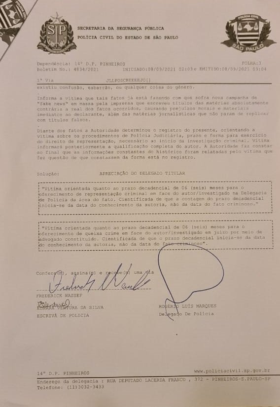 Boletim de ocorrência em caso de Wassef