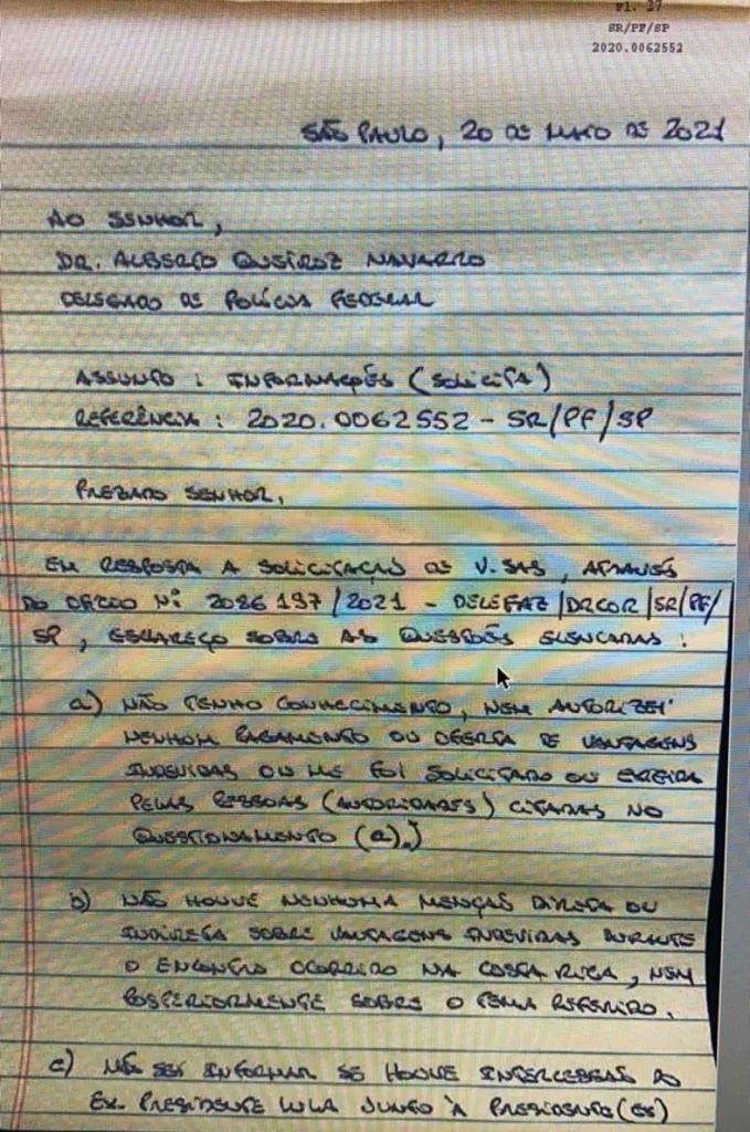Reprodução do início da carta de Léo Pinheiro