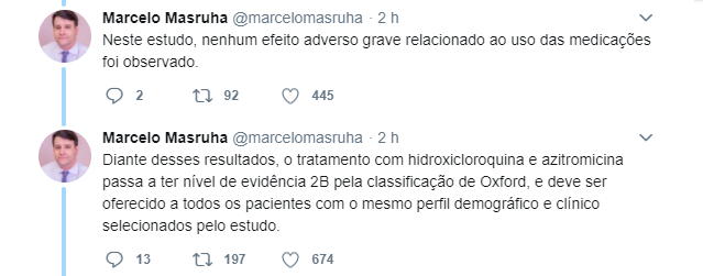 Tuíte onde o neurologista infantil Marcelo Masruha recomenda uso de hidroxicloroquina e azitromicina