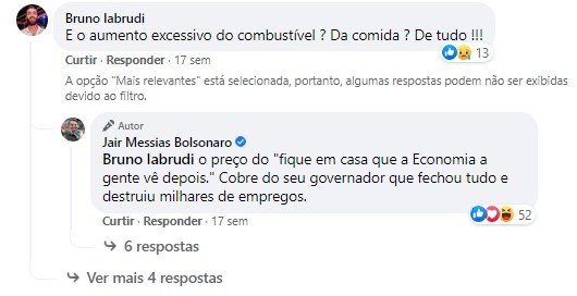 Bolsnaro responde sobre infla&ccedil;&atilde;o no facebook
