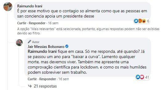 bolsonaro responde sobre covid no facebook
