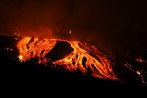 PALMA, SANTA CRUZ DE TENERIFE, , SPAIN - SEPTEMBER 19: Rivers of lava and pyroclasts in the area of Cabeza de Vaca, on 19 September, 2021 in El Paso, La Palma, Santa Cruz de Tenerife, Canary Islands, Spain. The volcanic eruption began yesterday at 16 hours in the area of Cabeza de Vaca (La Palma), just when the seismic activity on the island of La Palma had reached the maximum since the beginning of the swarm a week ago, is currently with two fissures, separated about 200 meters, and eight mouths through which lava emerges. At least 15 homes are affected by the eruption early Monday and more than 5,000 people have been evacuated so far. Experts do not know when this eruption will end, which has left temperatures of 1,075 ° C in the rivers of lava from the volcano. (Photo By Europa Press via Getty Images)