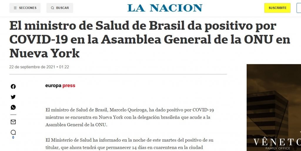 Imprensa internacional repercute teste positivo do ministro da Saúde, Marcelo Queiroga, para a Covid-19