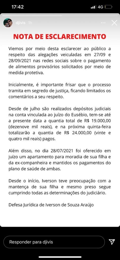 Nota da defesa do DJ Ivis