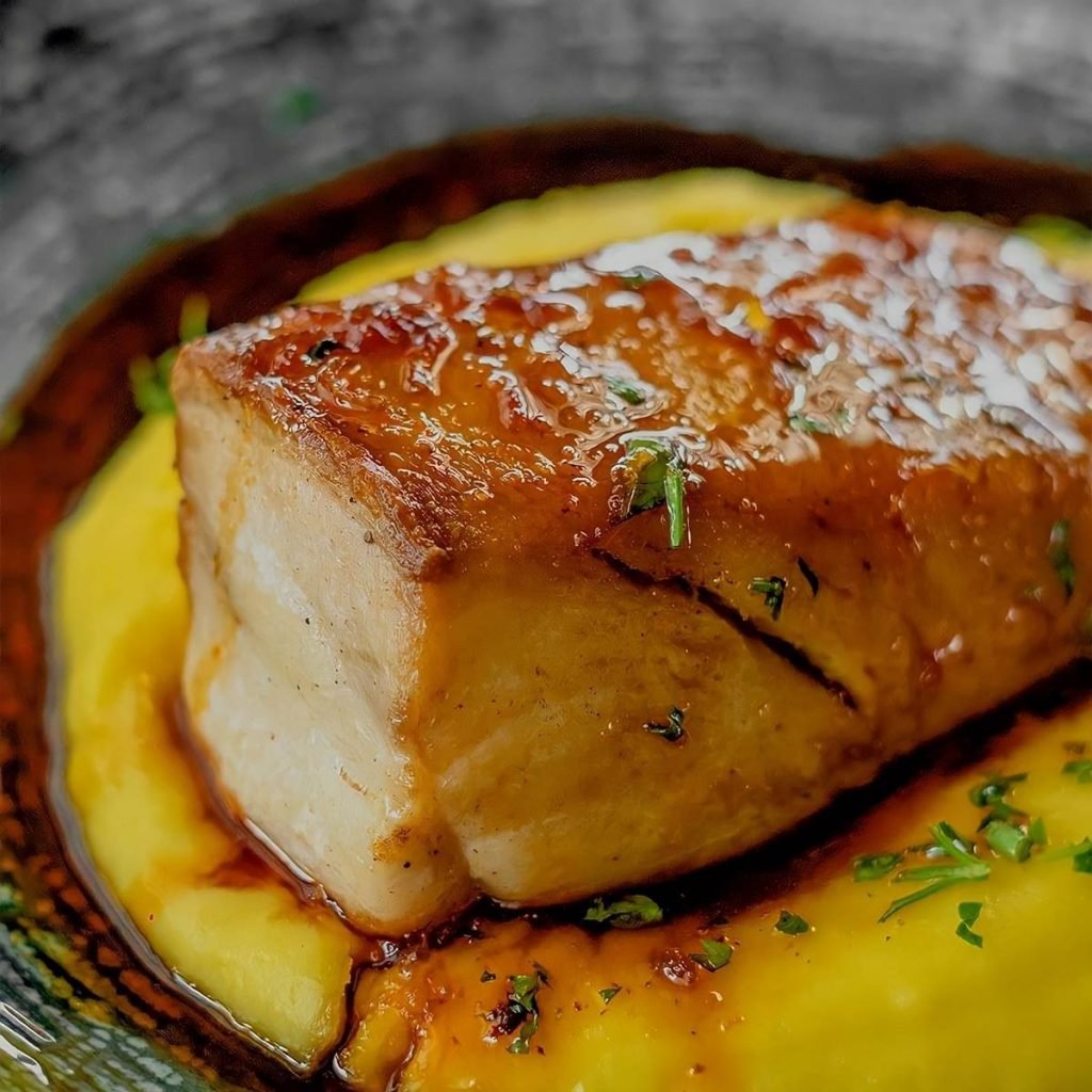 Anchova negra grelhada do Doma Rooftop, servido com mousseline de batata baroa e molho de limão siciliano com melaço de cana.