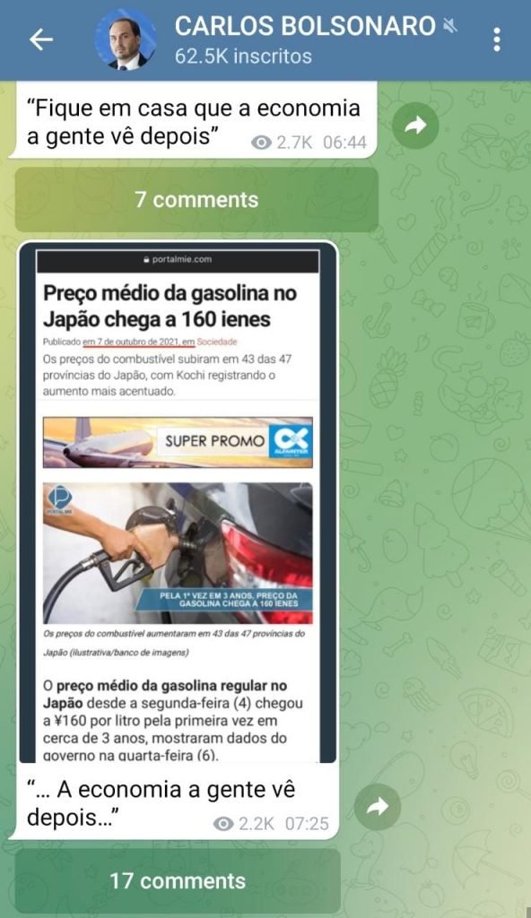 Canal do vereador Carlos Bolsonaro (Republicanos-RJ) no Telegram