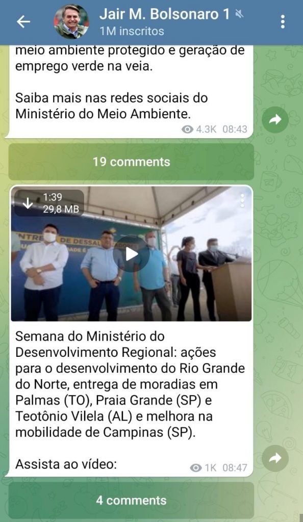 Canal do presidente Bolsonaro no Telegram