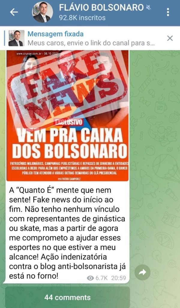 Canal do senador Flávio Bolsonaro no Telegram