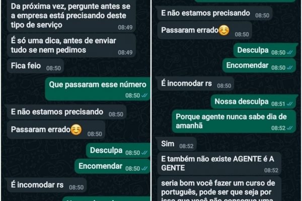 Prints de conversa em que atendente de asilo responde, de forma hostil, mulher que enviou currículo