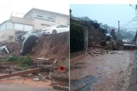 VÍDEO: Após chuvas fortes, muro de academia desaba e arrasta veículos em Diamantina