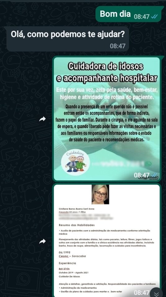 A cuidadora de idosos Cristiane Bueno Santanna, de 43 anos, entrou em contato com o Lar Santa Rosália para enviar um currículo