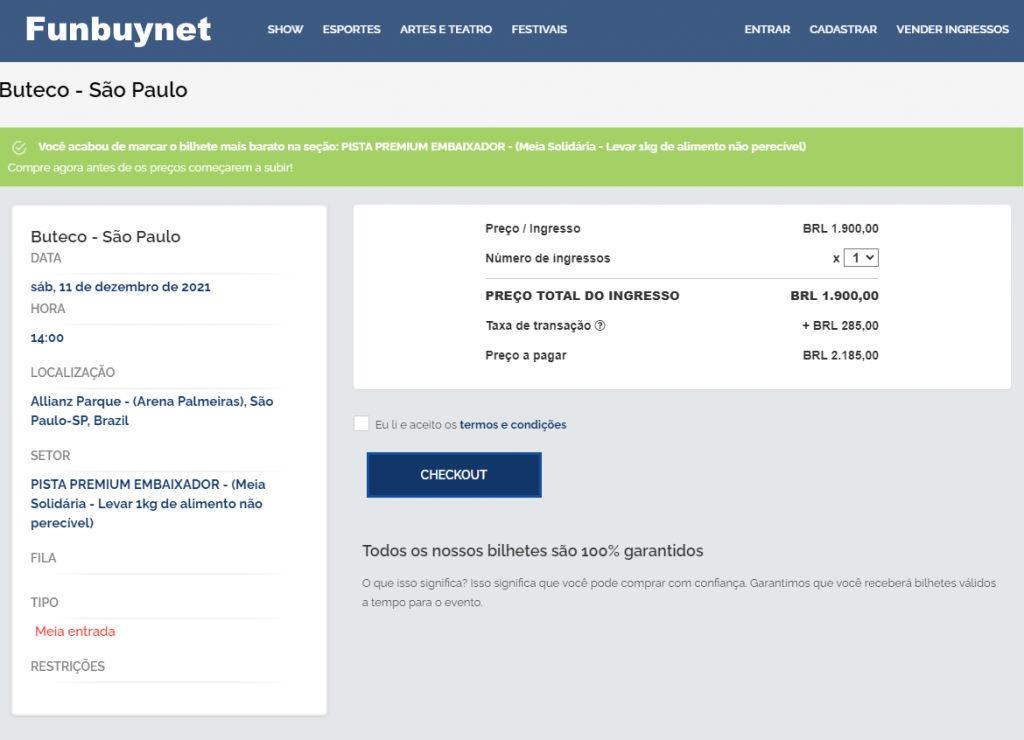 Site de revenda de ingressos do show de Gusttavo Lima em SP