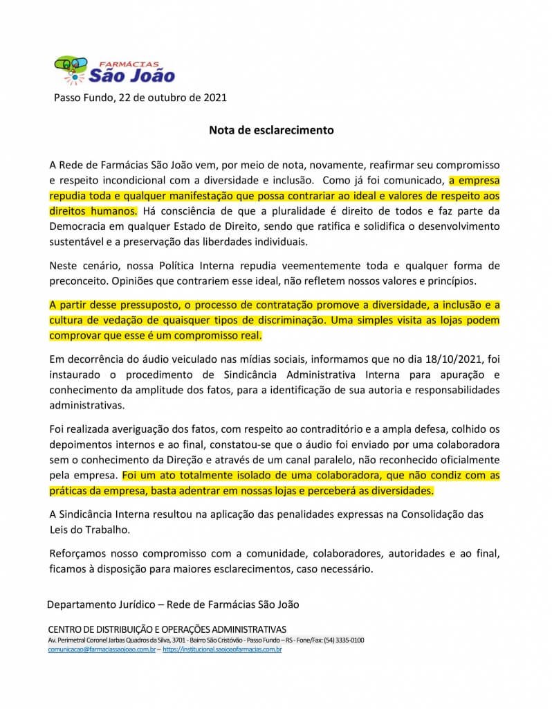 Nota da São João sobre áudio preconceituoso