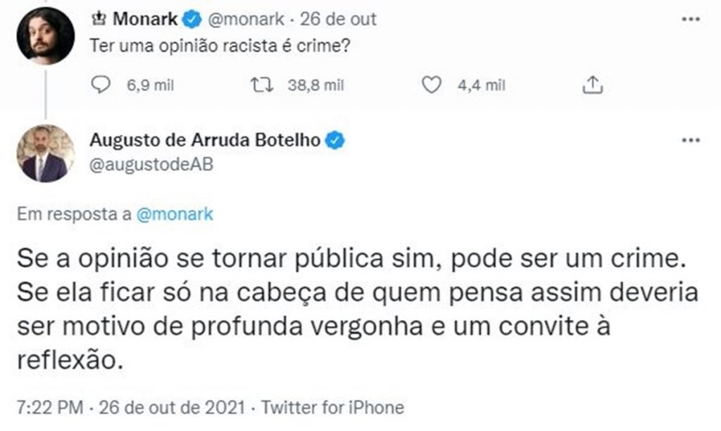 Conversación en Twitter entre Monarch y el abogado Augusto de Arruda Botelho