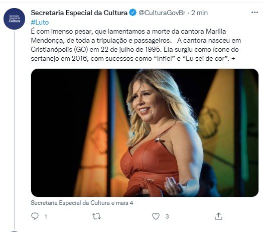 Secretaria de Cultura lamenta morte de Marília Mendonça