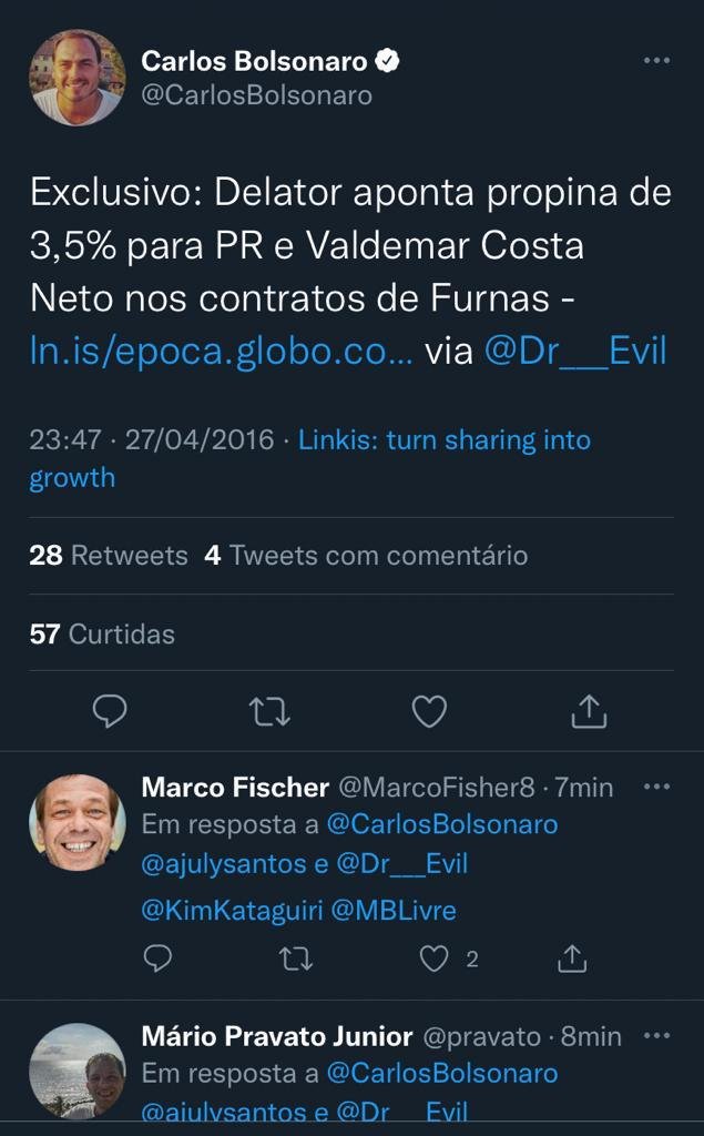 Tuíte de Carlos Bolsonaro sobre Valdemar Costa Neto