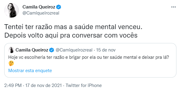 Camila Queiroz usa Twitter para mandar indireta sobre demissão