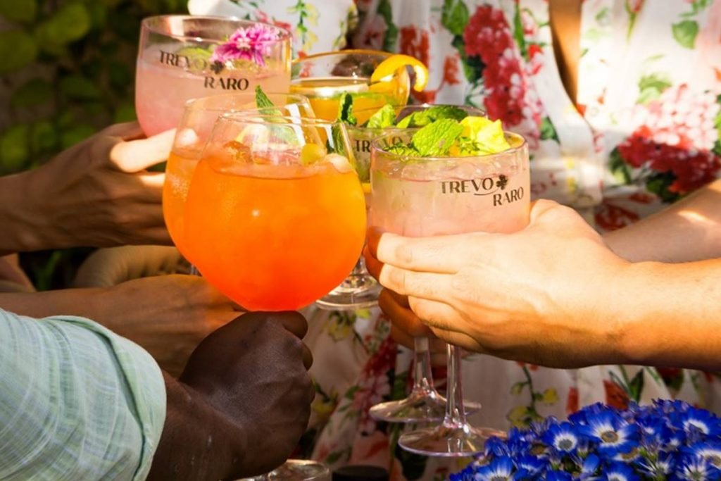 Na fotografia, vemos um brinde de cinco taças com drinques em tons de laranja e rosa