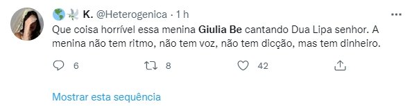Giulia Be é detonada no Twitter após interpretar Dua Lipa