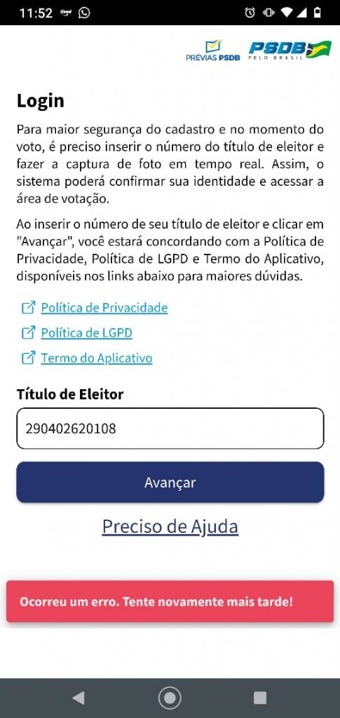 Imagens mostram falha no aplicativo do PSDB