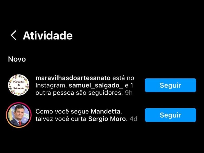 Instagram sugerindo seguir Sergio MOro para quem segue Mandetta
