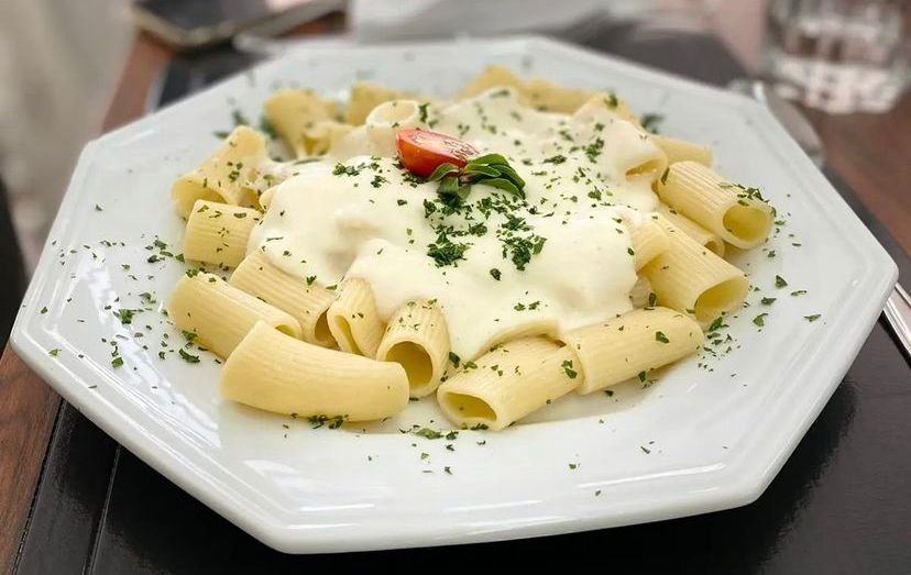 Na foto, um prato branco com massa cilindrica e molho branco em cima